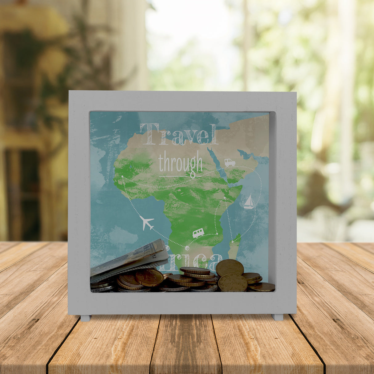 Spardose mit Afrika Karte und Spruch - travel through Afrika
