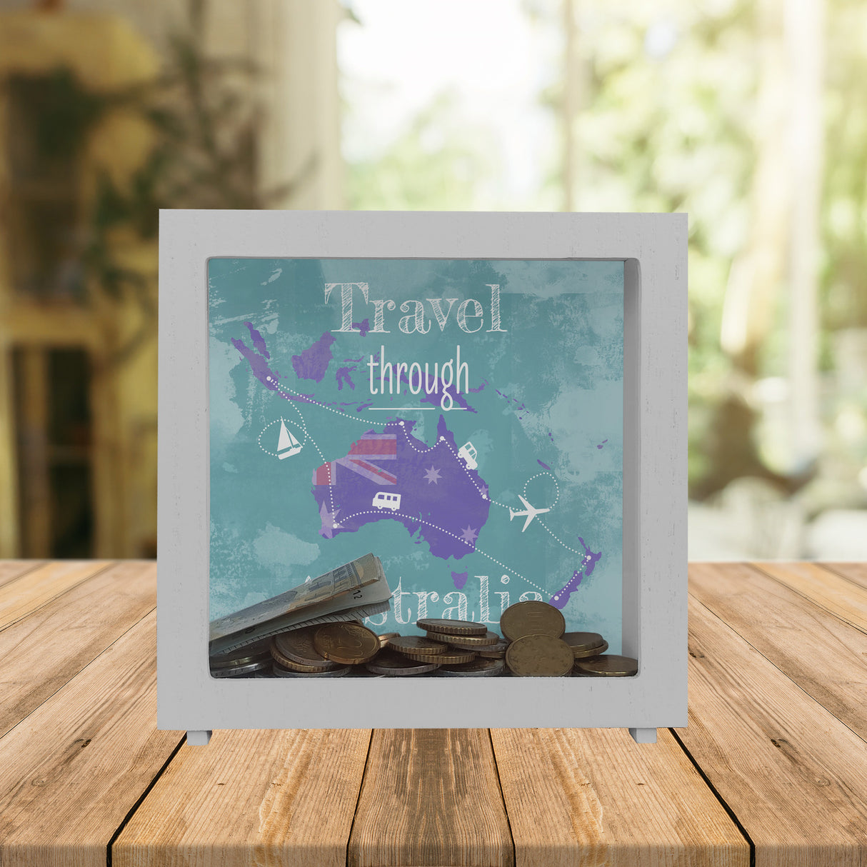 Spardose mit Australien Karte und Spruch - travel through Australien