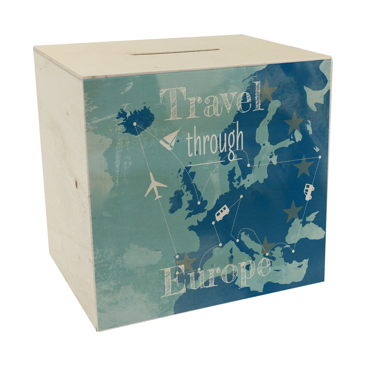 Spardose mit Europa Karte und Spruch - travel through Europa