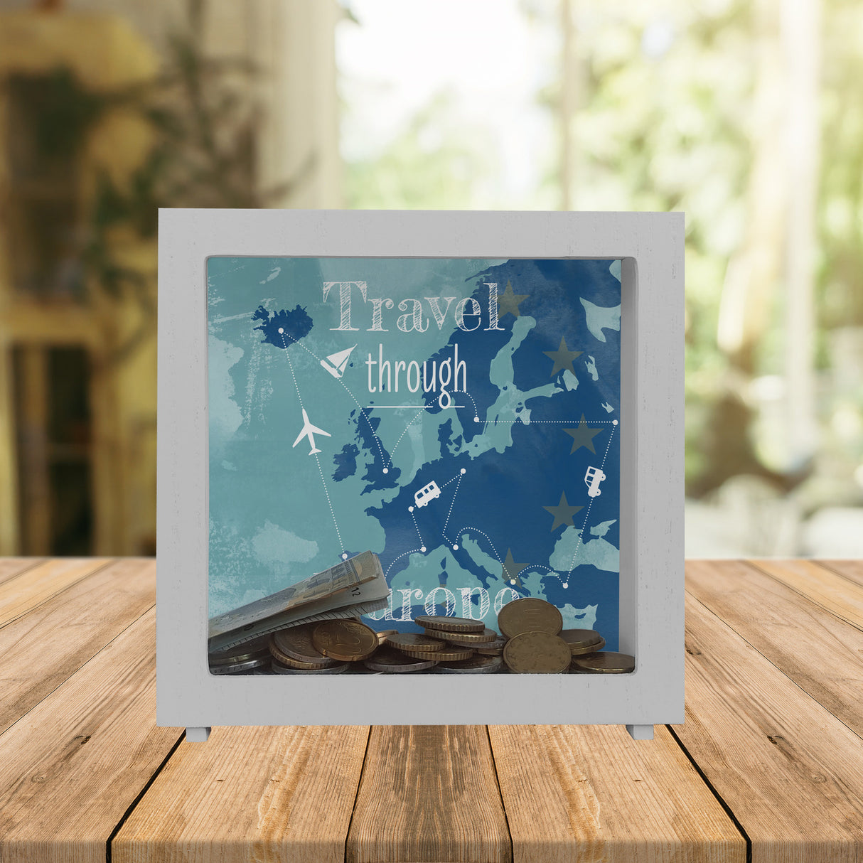Spardose mit Europa Karte und Spruch - travel through Europa
