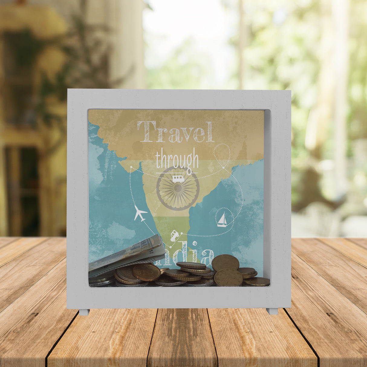 Spardose mit Indien Karte und Spruch - travel through Indien
