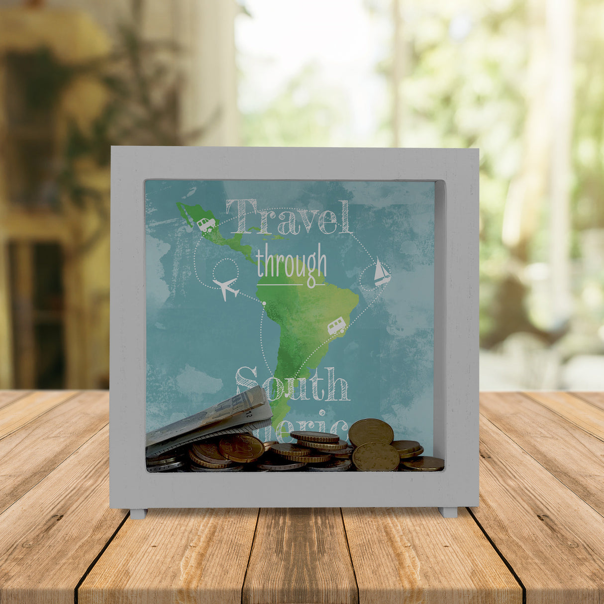 Spardose mit Südamerika Karte und Spruch - travel through Südamerika