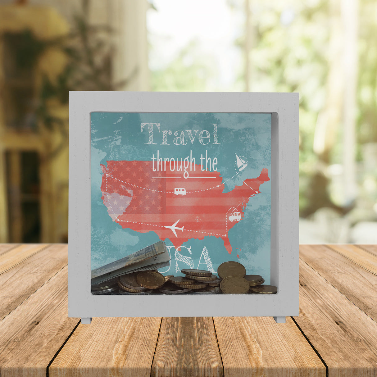 Spardose mit USA Karte und Spruch - travel through USA