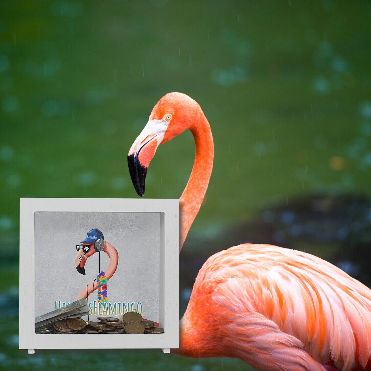 Spardose mit lustigem Tier und Text für Urlauber - Urlaubsflamingo