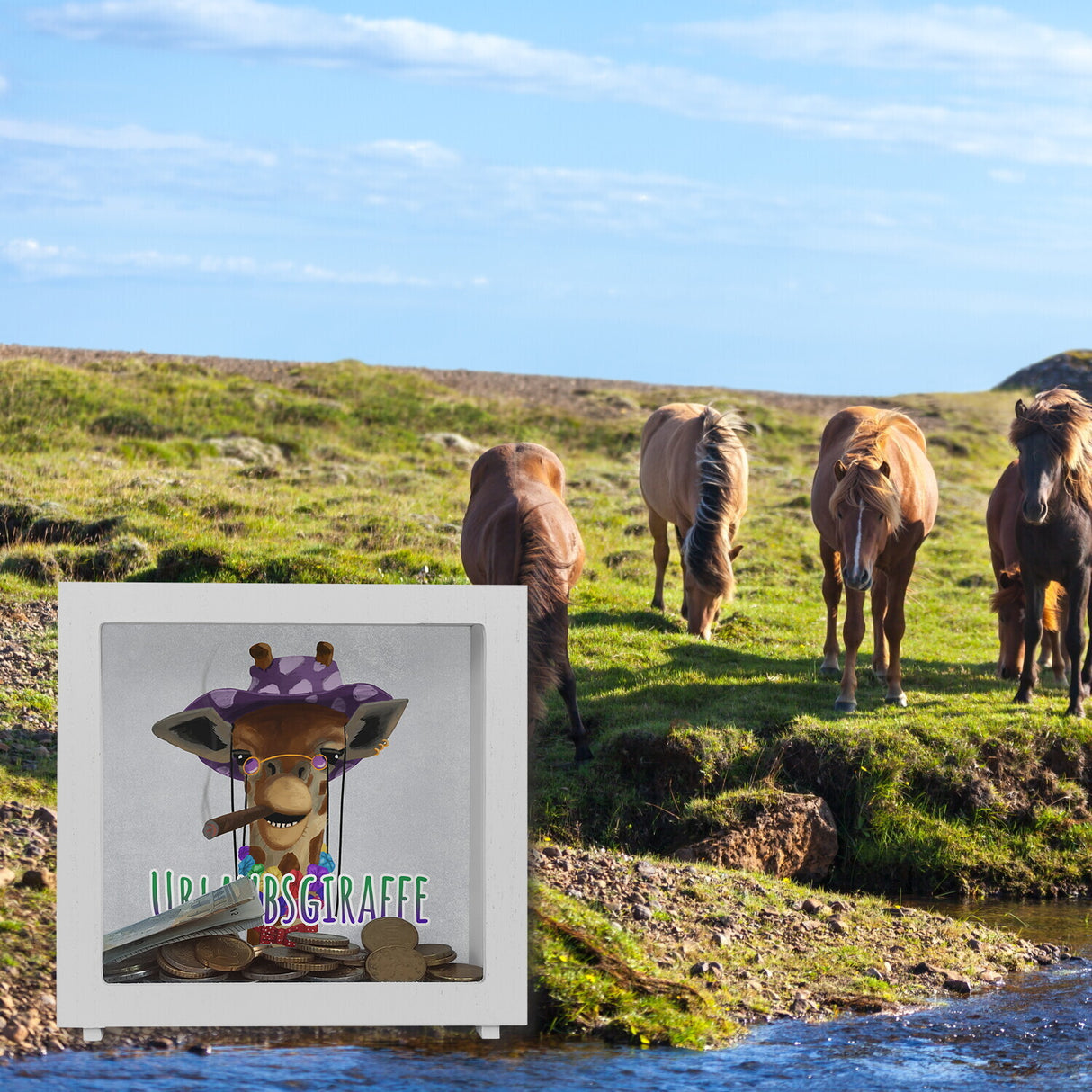 Spardose mit lustigem Tier und Text für Urlauber - Urlaubsgiraffe