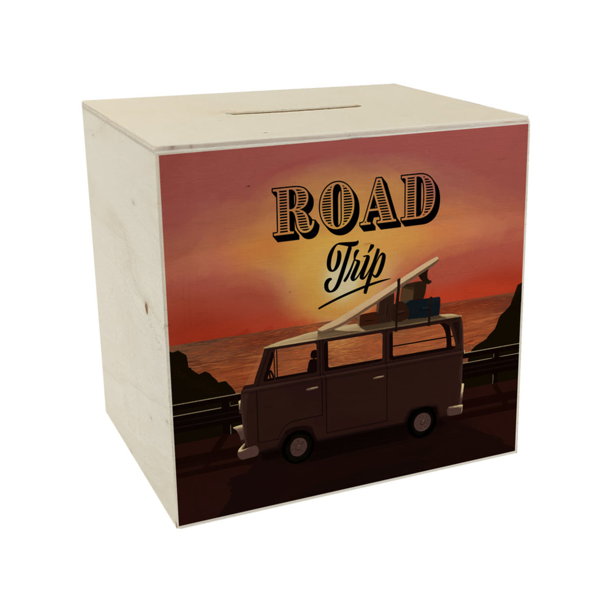 Spardose für einen Road Trip mit Retro Campingbus und Sonnenuntergang als Motiv
