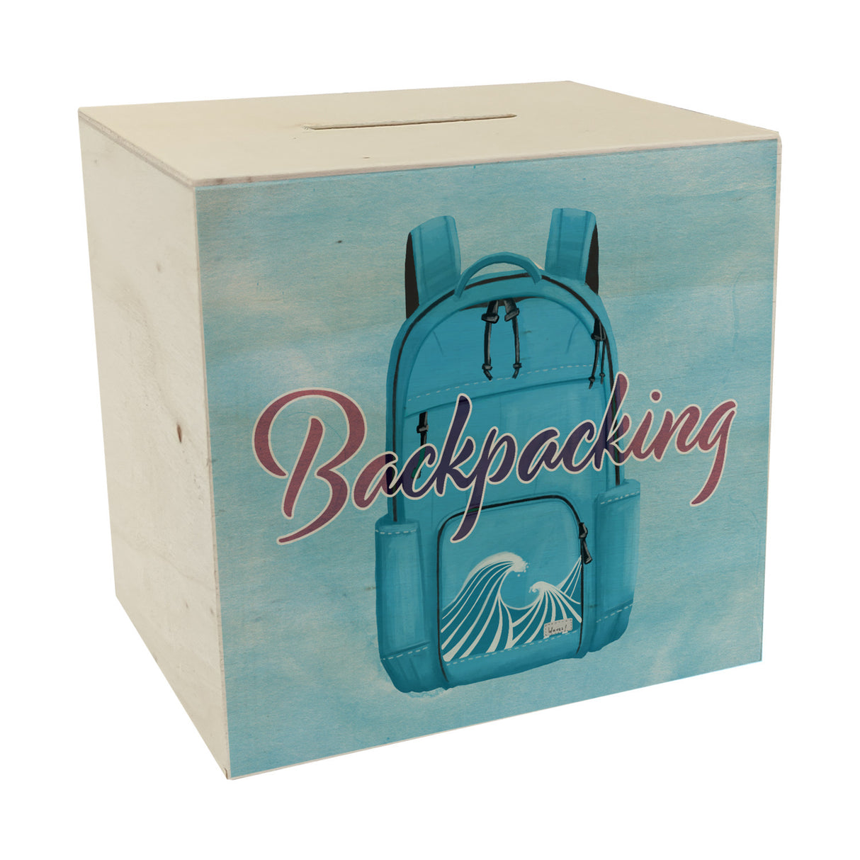 Spardose für Rucksacktouristen mit Rucksack Motiv und Text - Backpacking