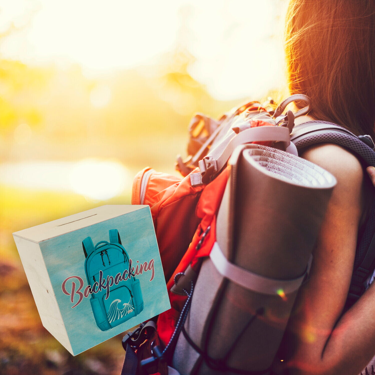 Spardose für Rucksacktouristen mit Rucksack Motiv und Text - Backpacking