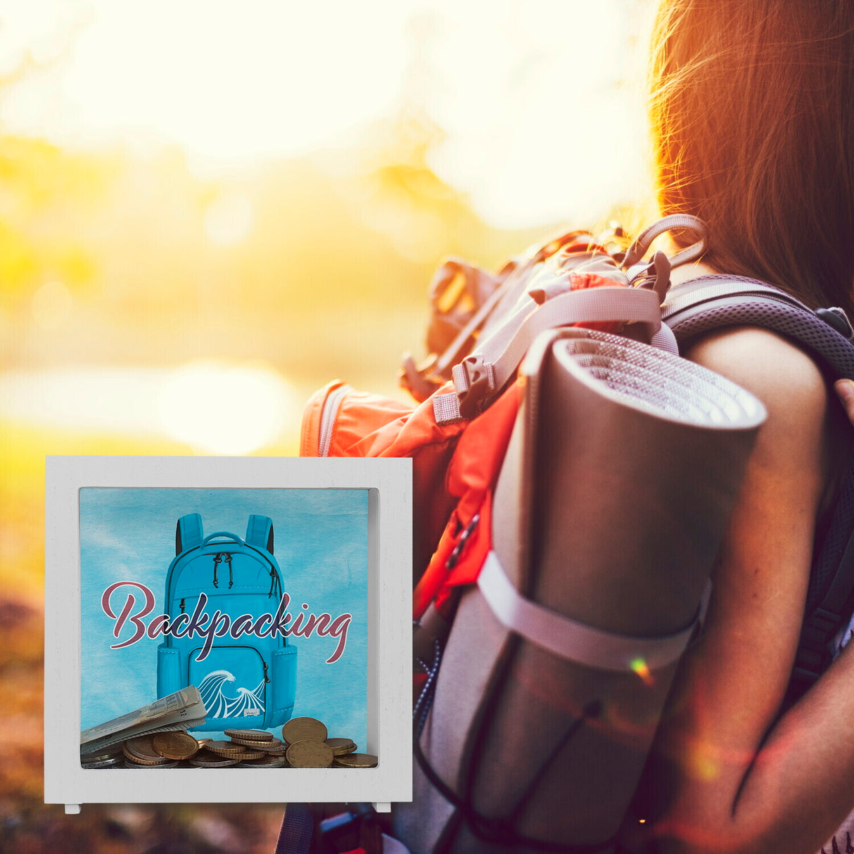 Spardose für Rucksacktouristen mit Rucksack Motiv und Text - Backpacking