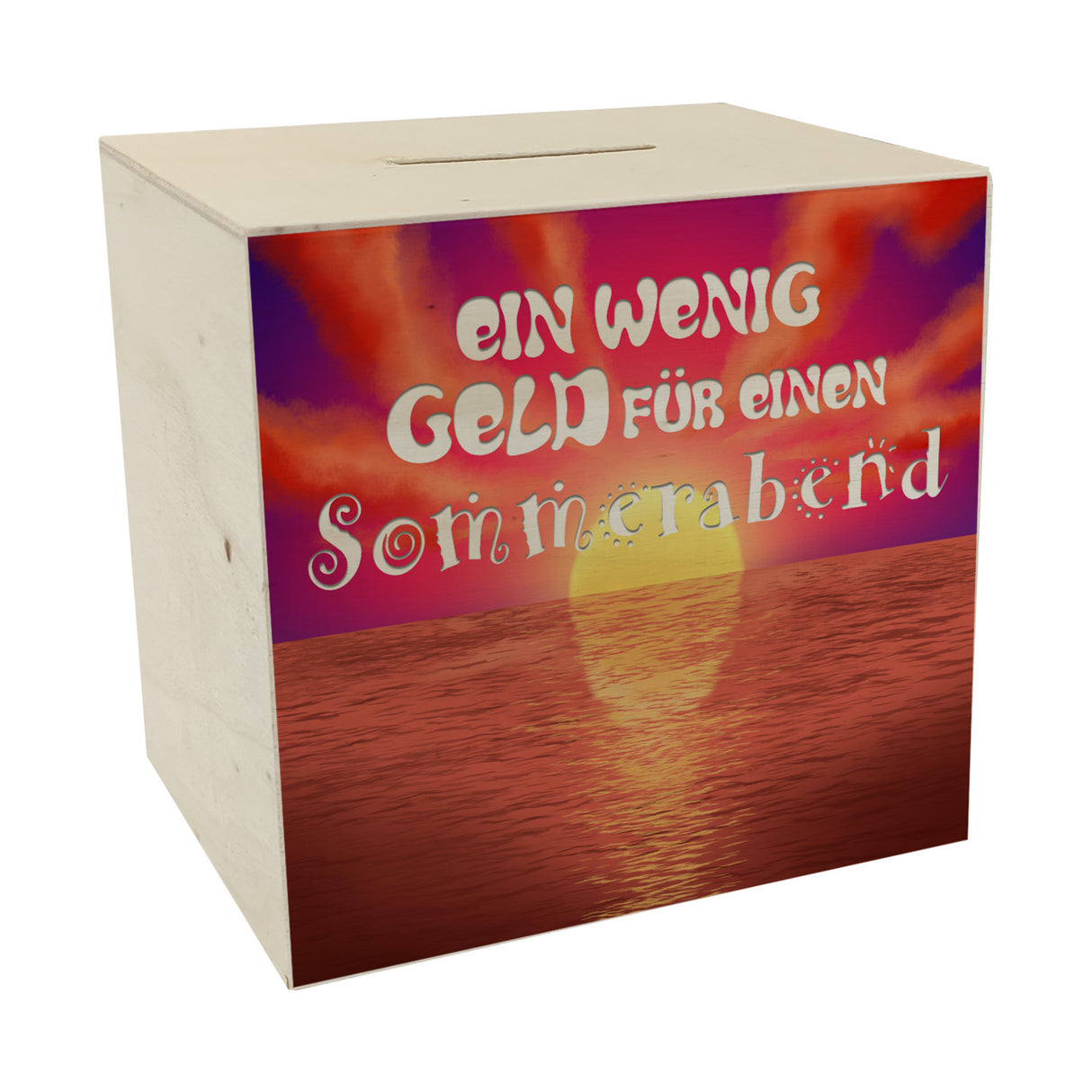 Spardose mit schönem Sonnenuntergang - Ein wenig Geld für einen Sommerabend
