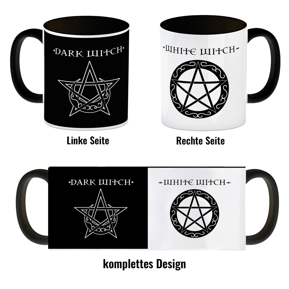 Kaffeebecher mit magischen Pentagrammen und Spruch - White Witch - Dark Witch