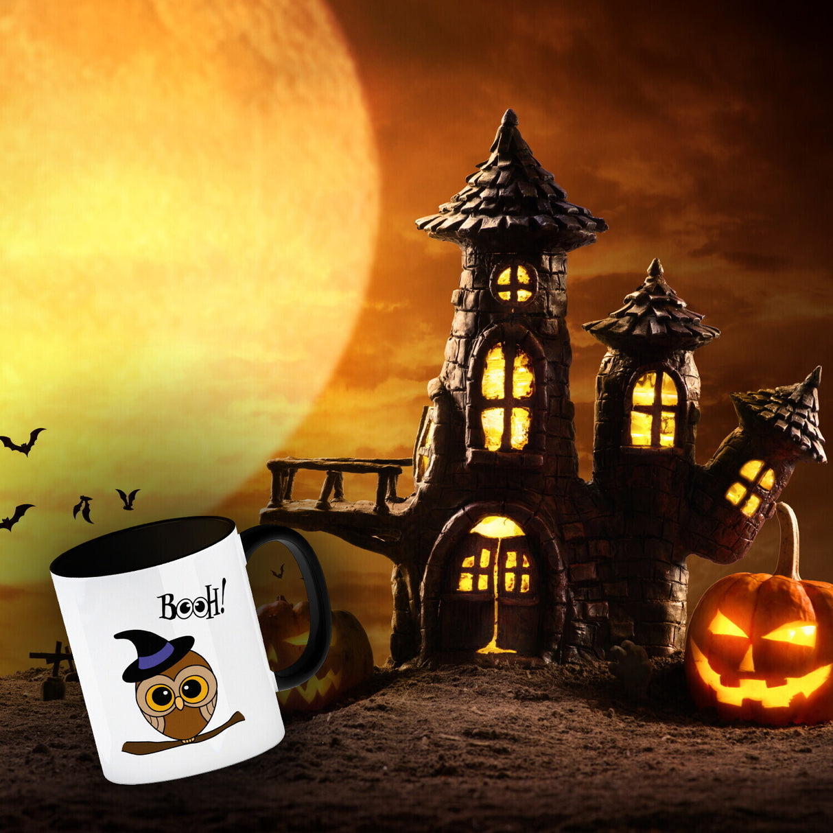 Kaffeebecher für Halloween mit niedlichem Eulenmotiv und Spruch - BOOH!