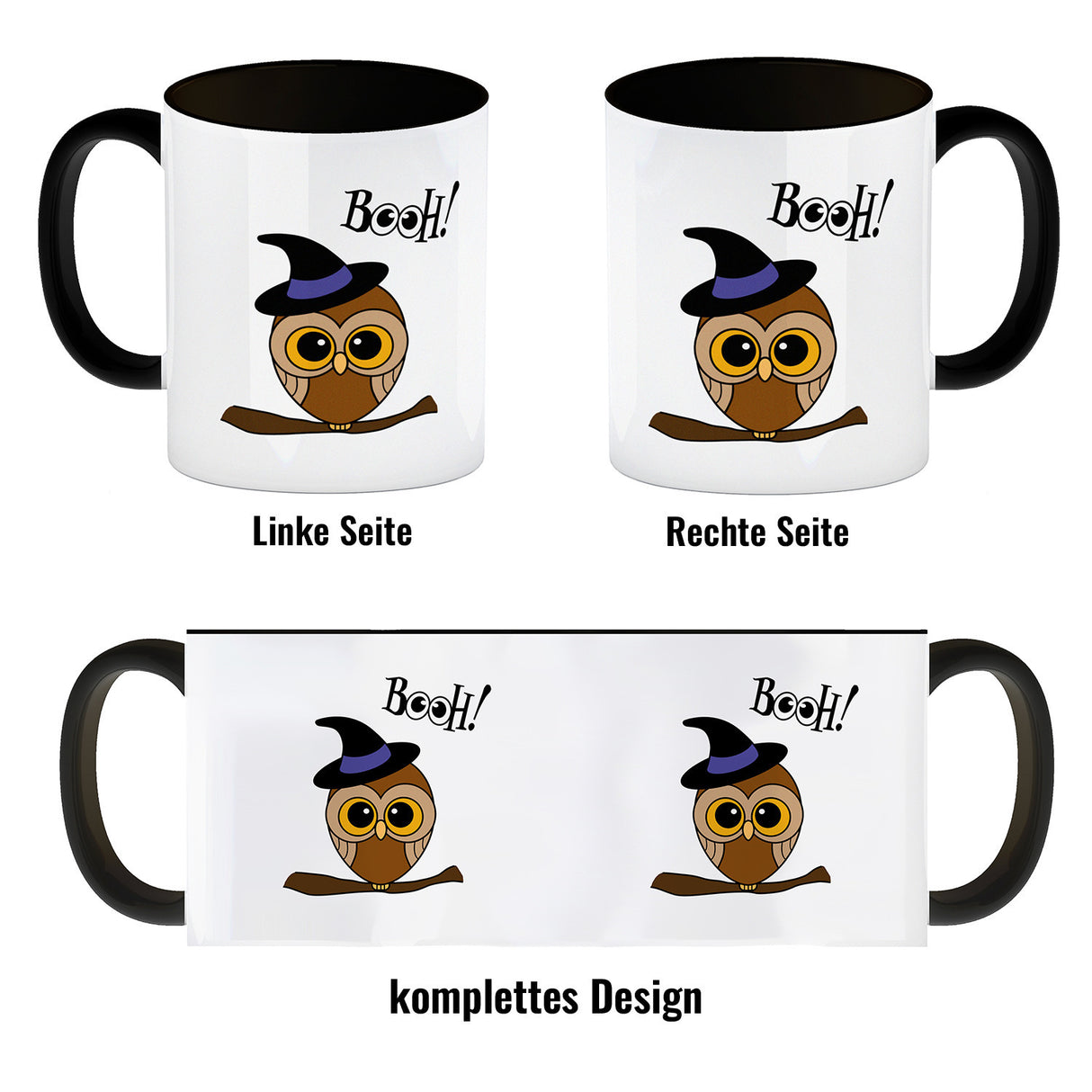Kaffeebecher für Halloween mit niedlichem Eulenmotiv und Spruch - BOOH!