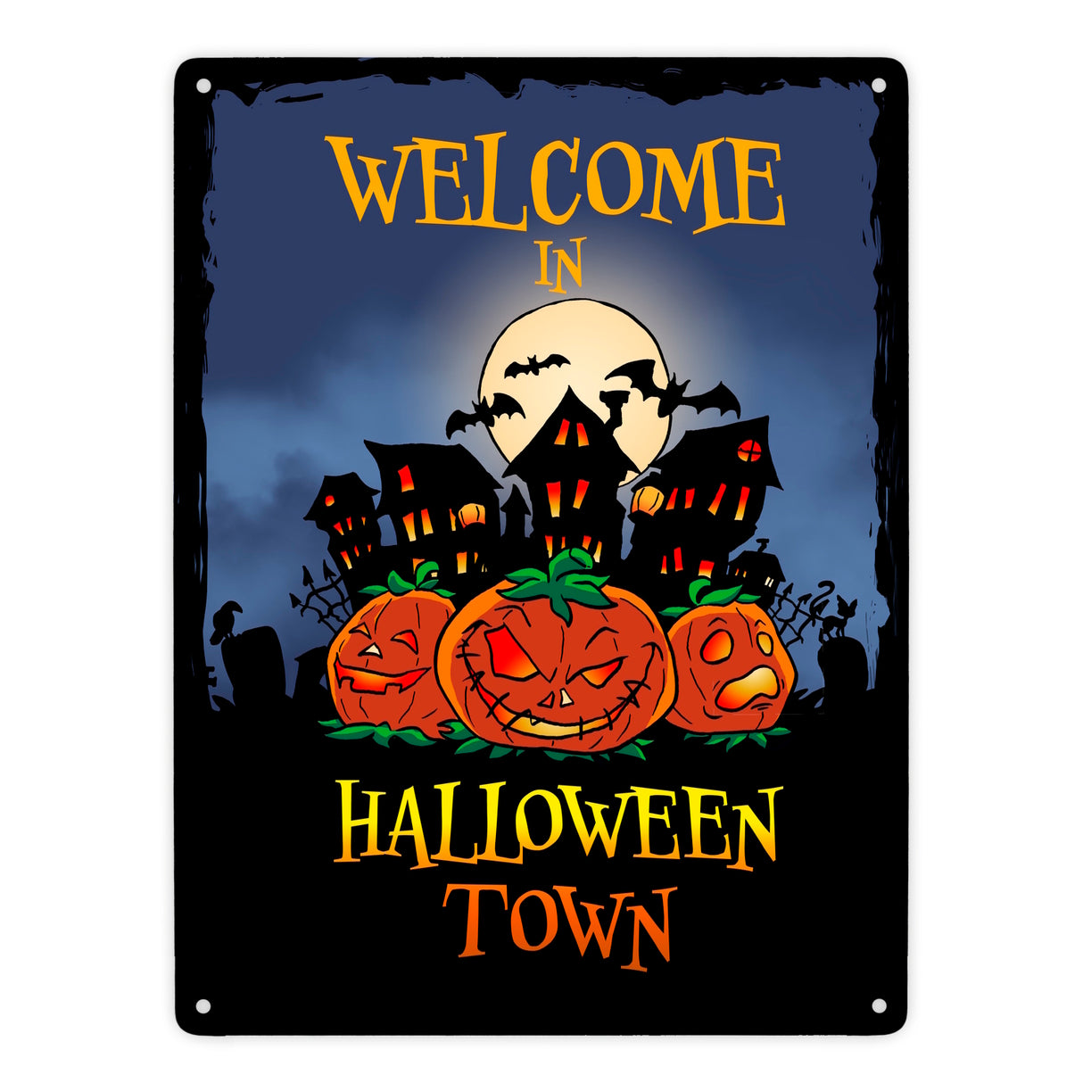 Metallschild mit gruseligem Motiv und Spruch - Welcome in Halloween Town -