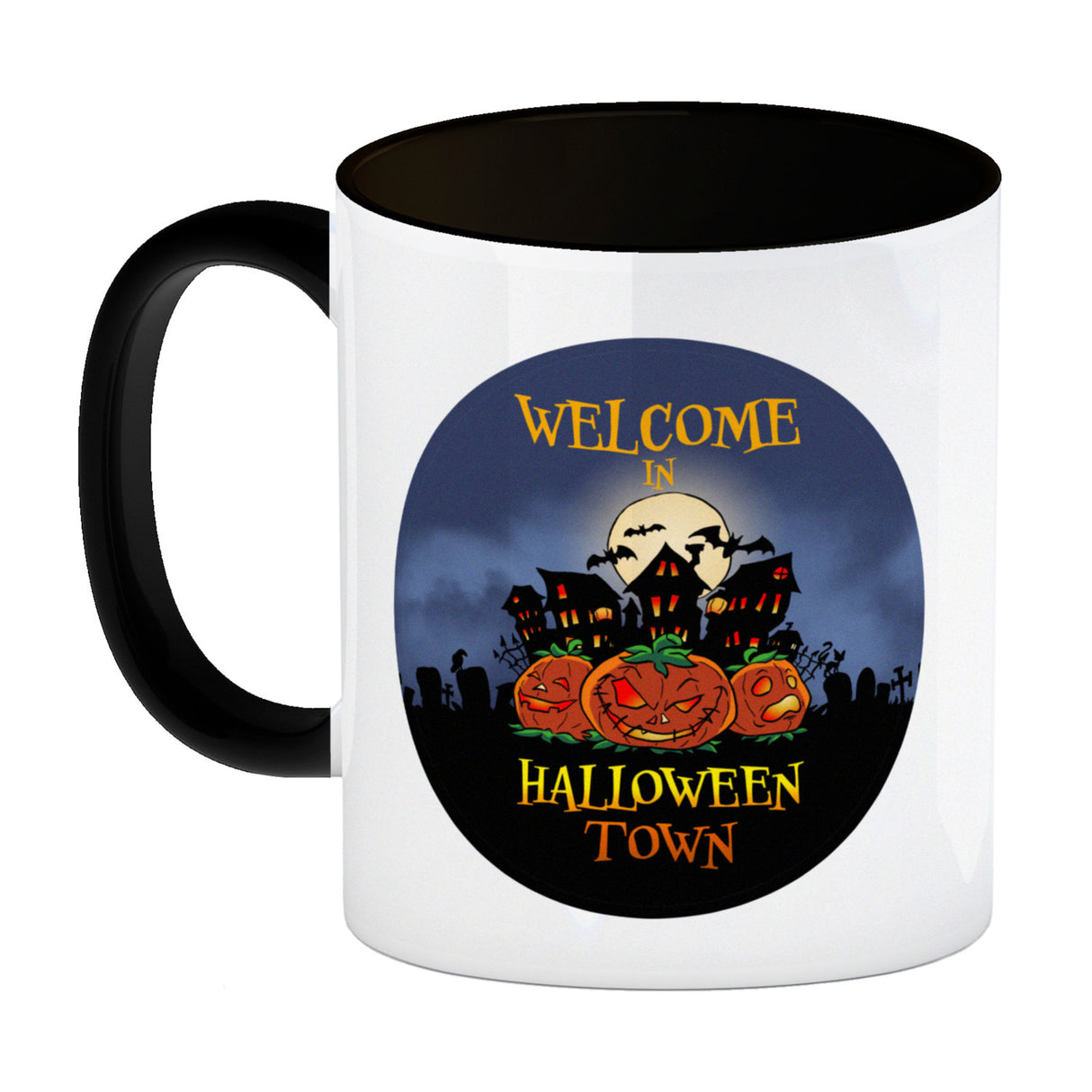 Kaffeebecher mit gruseligem Motiv und Spruch - Welcome in Halloween Town -
