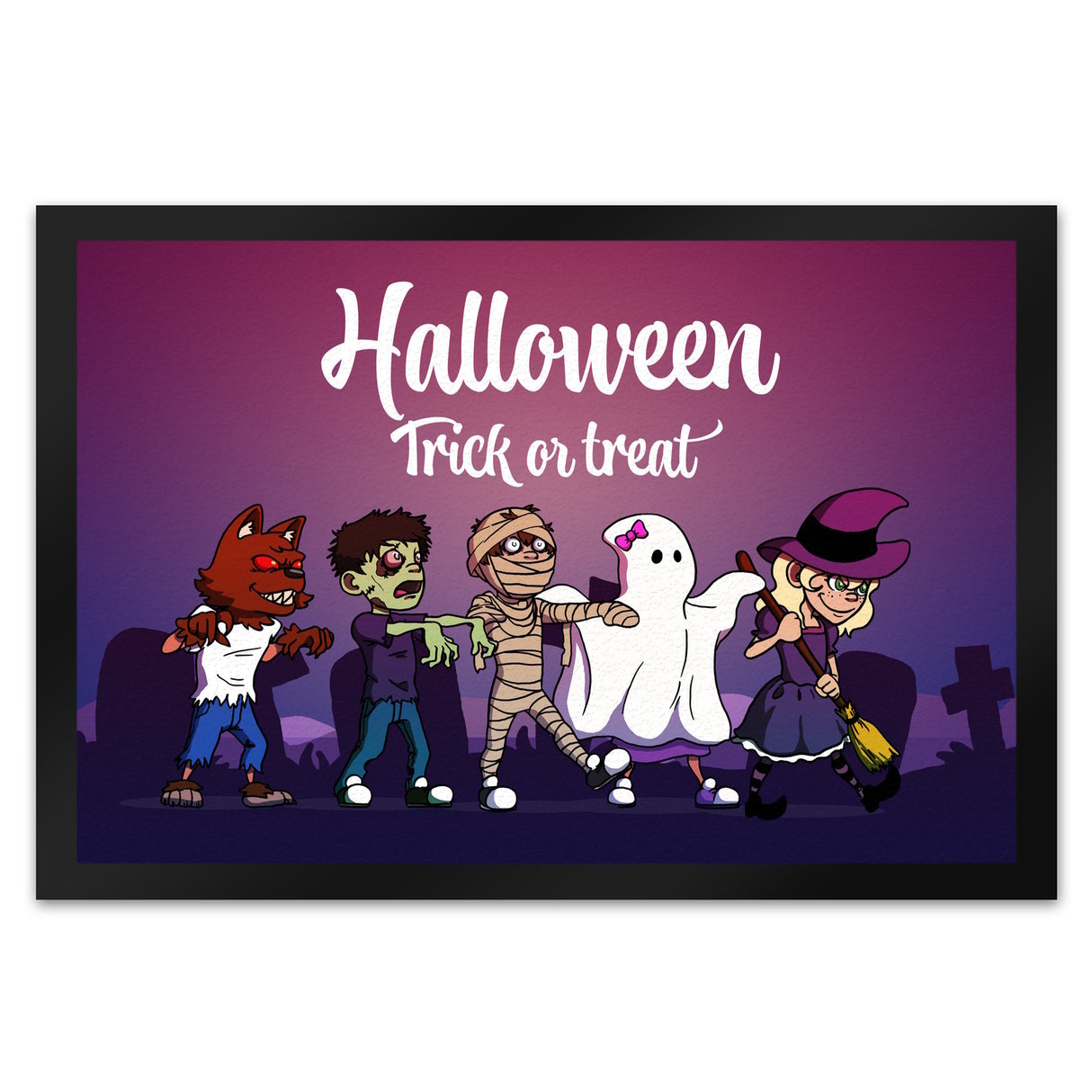 Fußmatte mit Halloween-Motiv, Spruch und kleinen Monstern