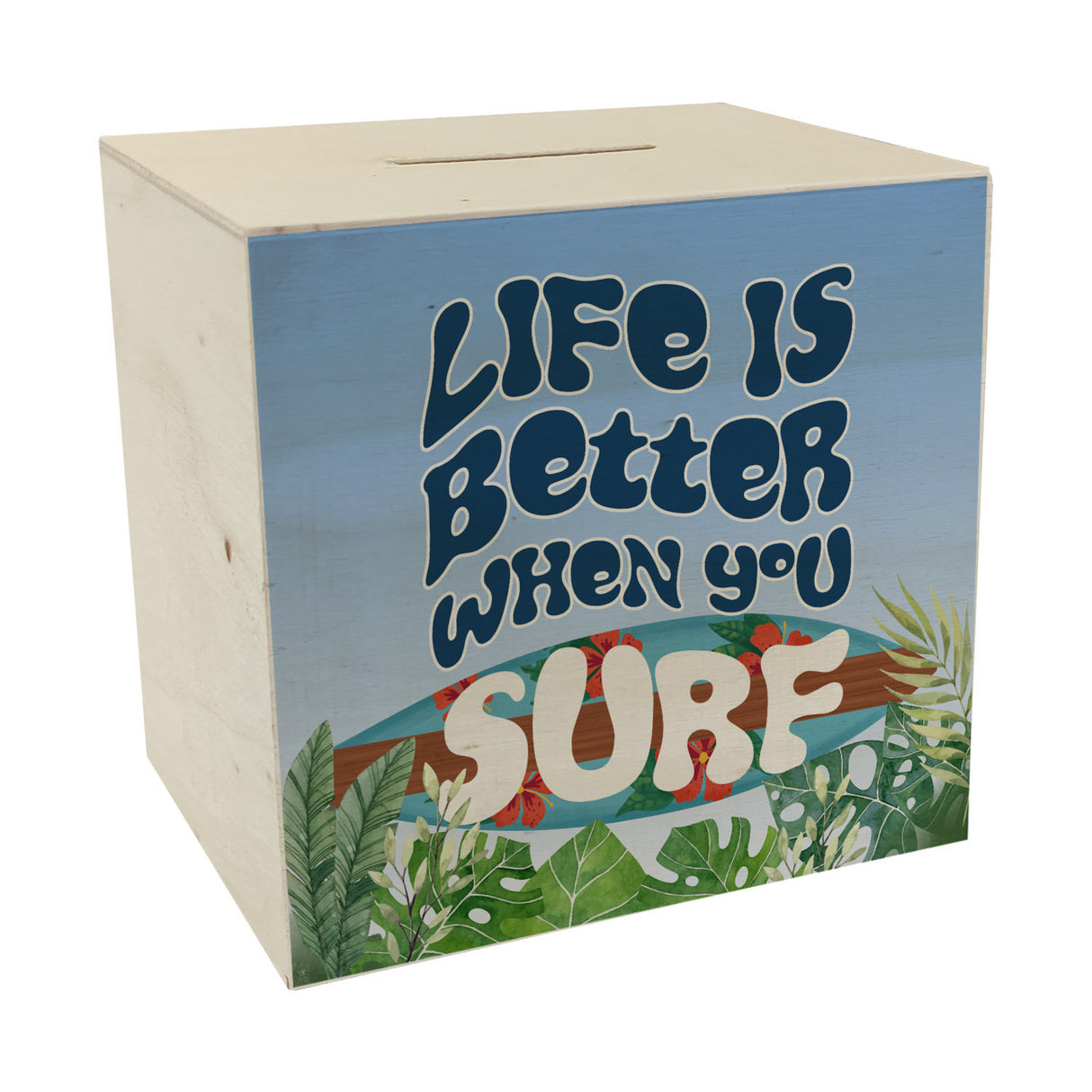 Spardose mit schönem Surfbrett Motiv und Spruch - Life is better when you surf