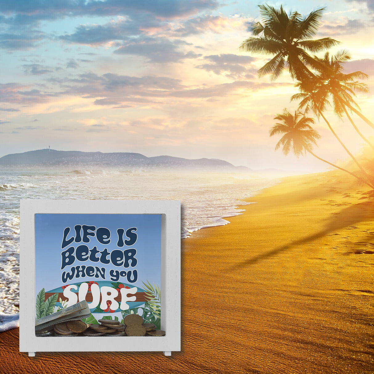 Spardose mit schönem Surfbrett Motiv und Spruch - Life is better when you surf