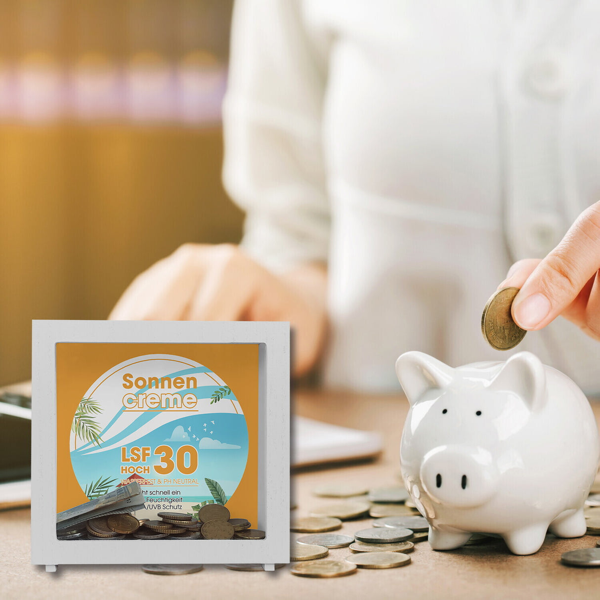 Spardose mit Sonnencreme Motiv - Für Urlauber die auf den Sommerurlaub sparen