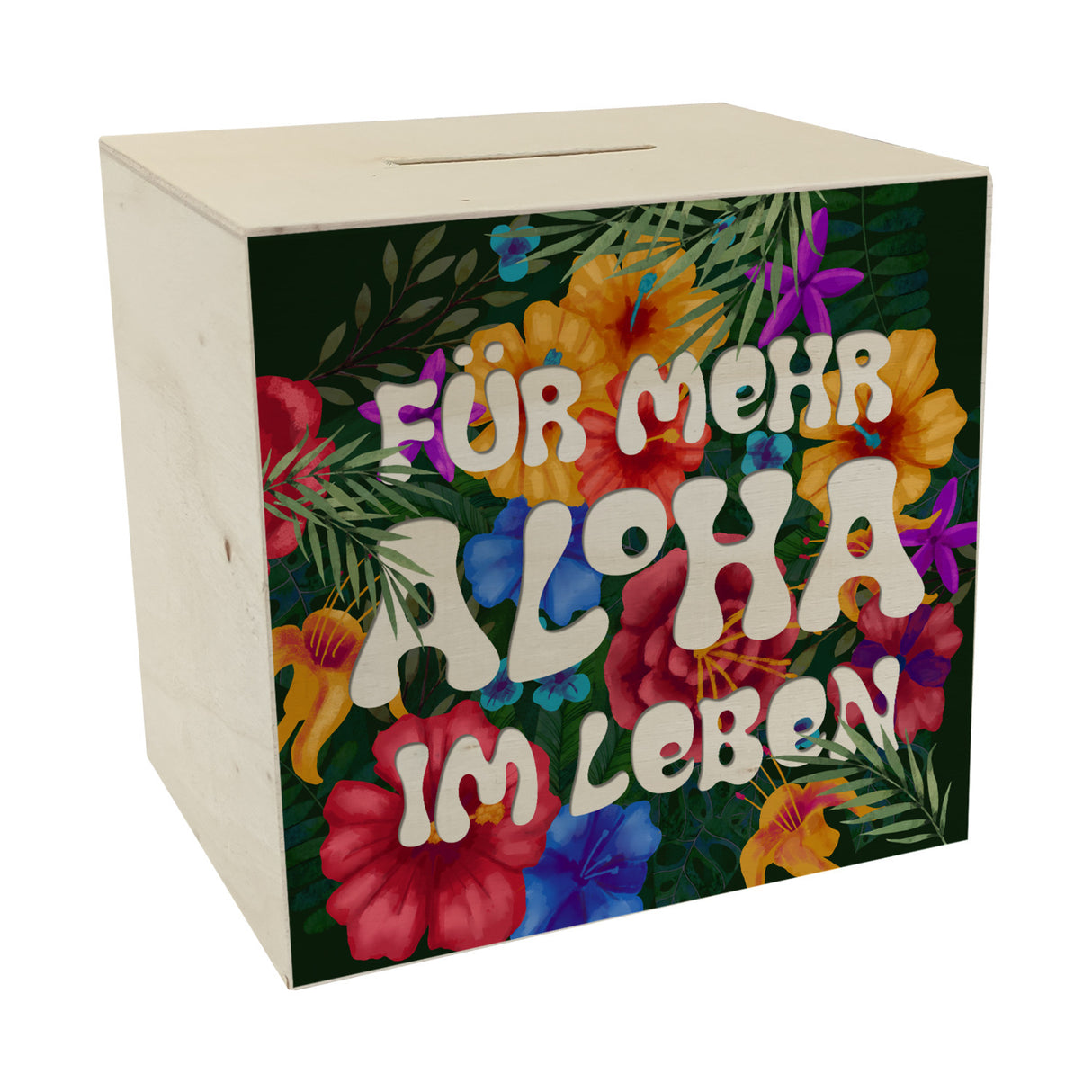 Spardose mit buntem Blumenmotiv und Spruch - Für mehr Aloha im Leben