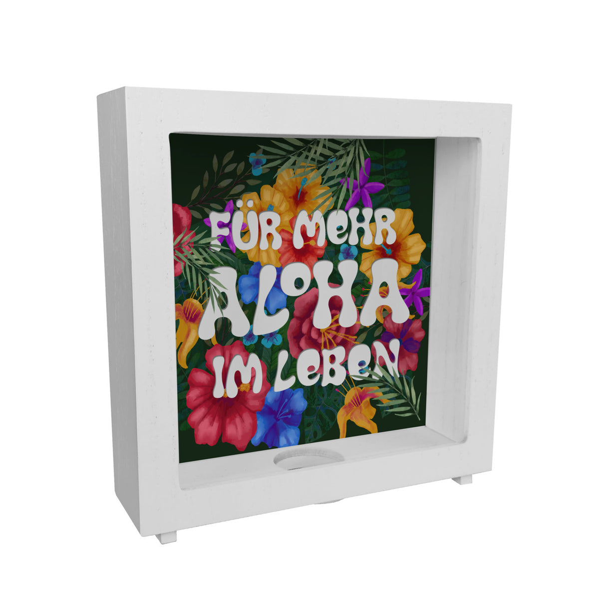 Spardose mit buntem Blumenmotiv und Spruch - Für mehr Aloha im Leben