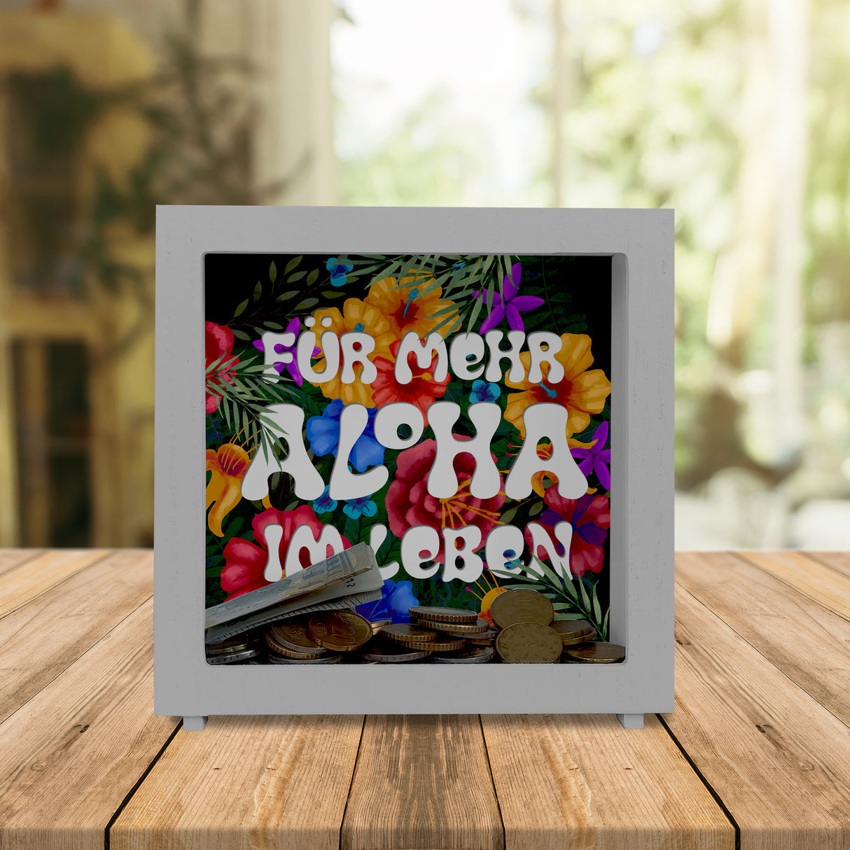 Spardose mit buntem Blumenmotiv und Spruch - Für mehr Aloha im Leben