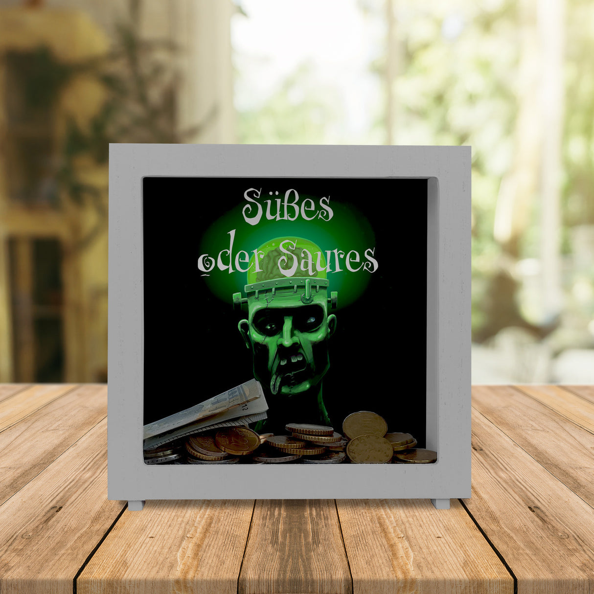 Spardose mit gruseligem Zombie Motiv und Spruch - Süßes oder Saures