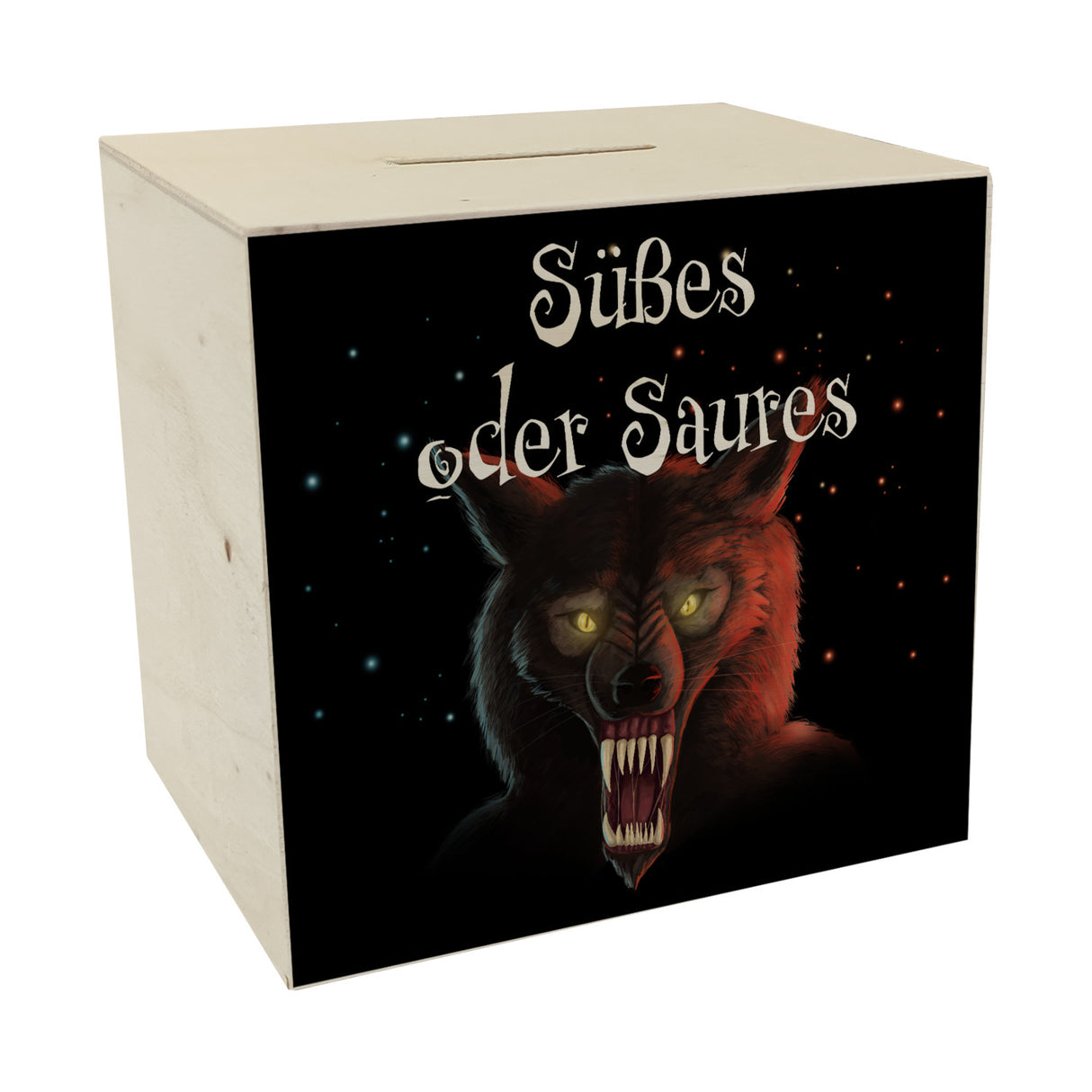 Spardose mit gruseligem Werwolf Motiv und Spruch - Süßes oder Saures