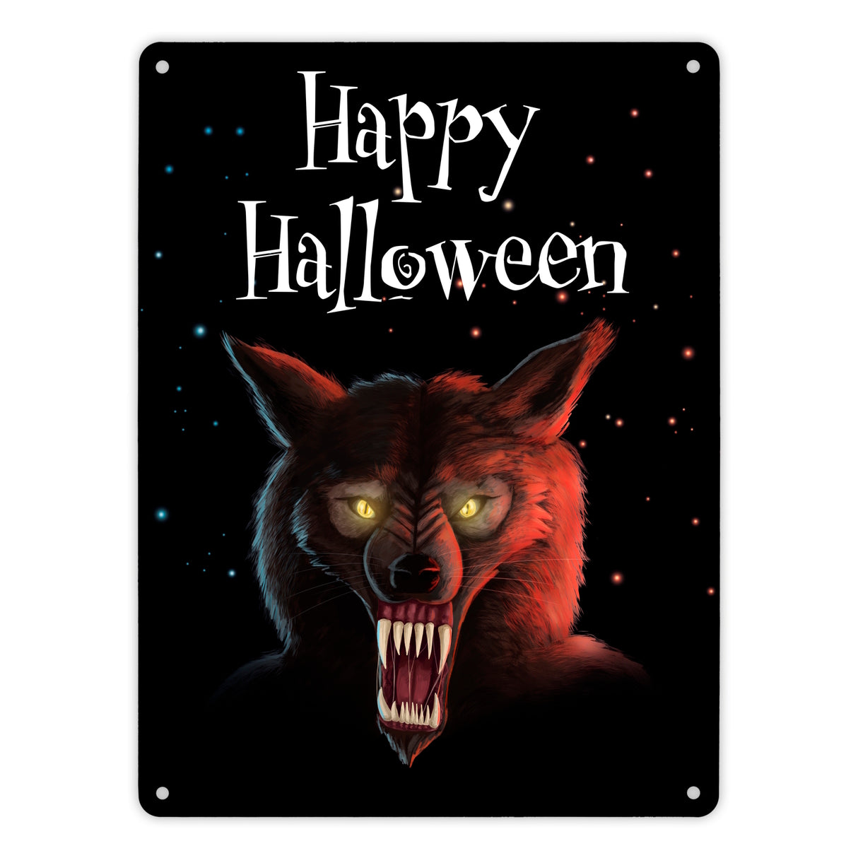 Metallschild mit gruseligem Wolf Motiv und Happy Halloween Schriftzug