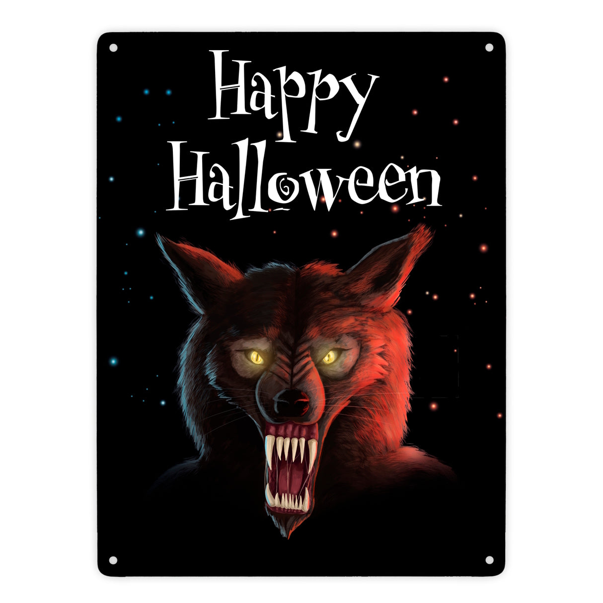 Metallschild mit gruseligem Wolf Motiv und Happy Halloween Schriftzug