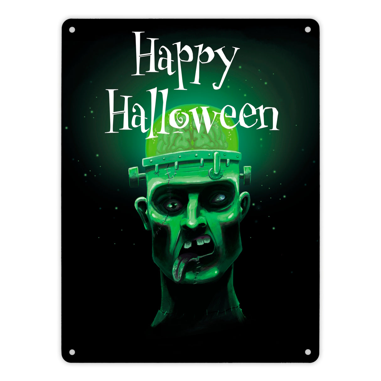 Metallschild in 15x20 cm mit gruseligem Zombie Motiv und Happy Halloween Schriftzug