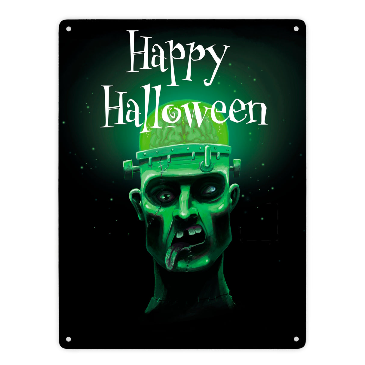 Metallschild in 15x20 cm mit gruseligem Zombie Motiv und Happy Halloween Schriftzug