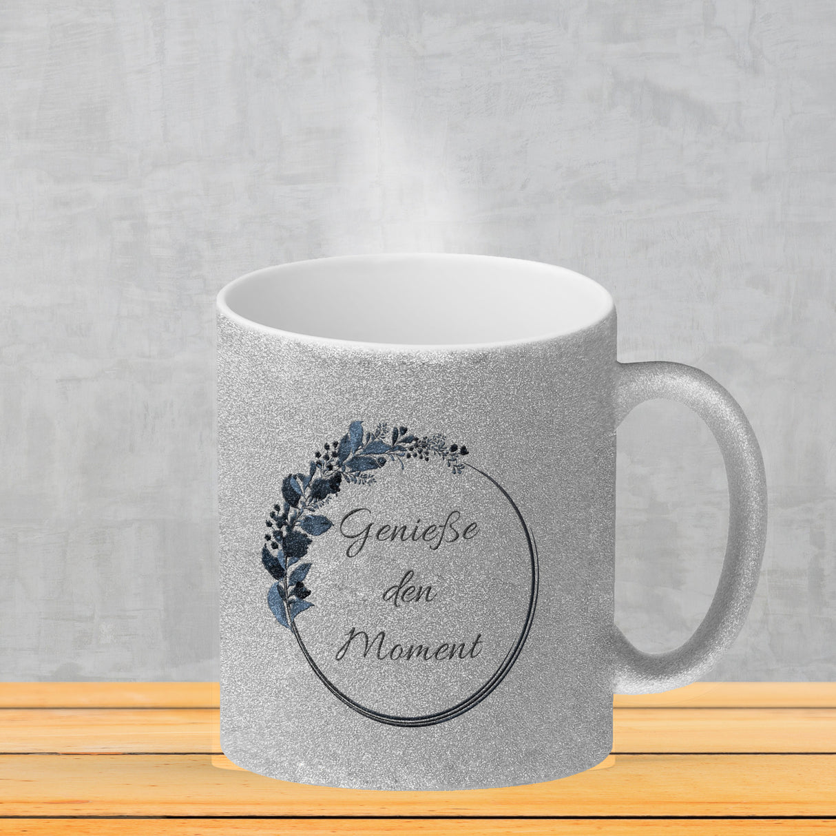 Schön, dass du da bist! Kaffeebecher mit Blumenkranz herrlich wunderbar Kaffeepott Trinkschale edel Gebinde Bukett Strauß Blumen Bouquet Spruch Slogan Sinnspruch Lebensregel