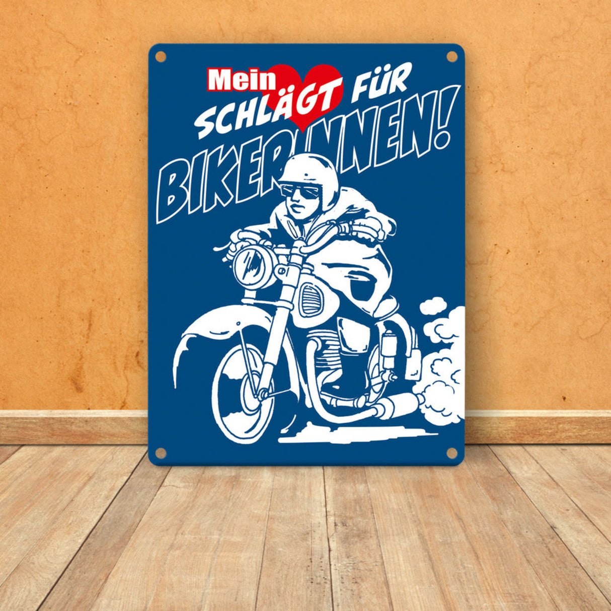 Metallschild mit Motorrad Mein Herz schlägt für Bikerinnen
