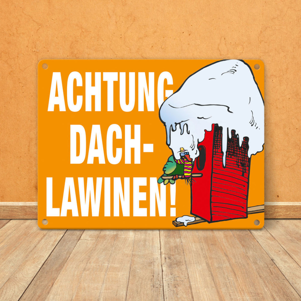 Warnschild für den Winter Achtung Dachlawinen! Mit Comic Vogelhaus