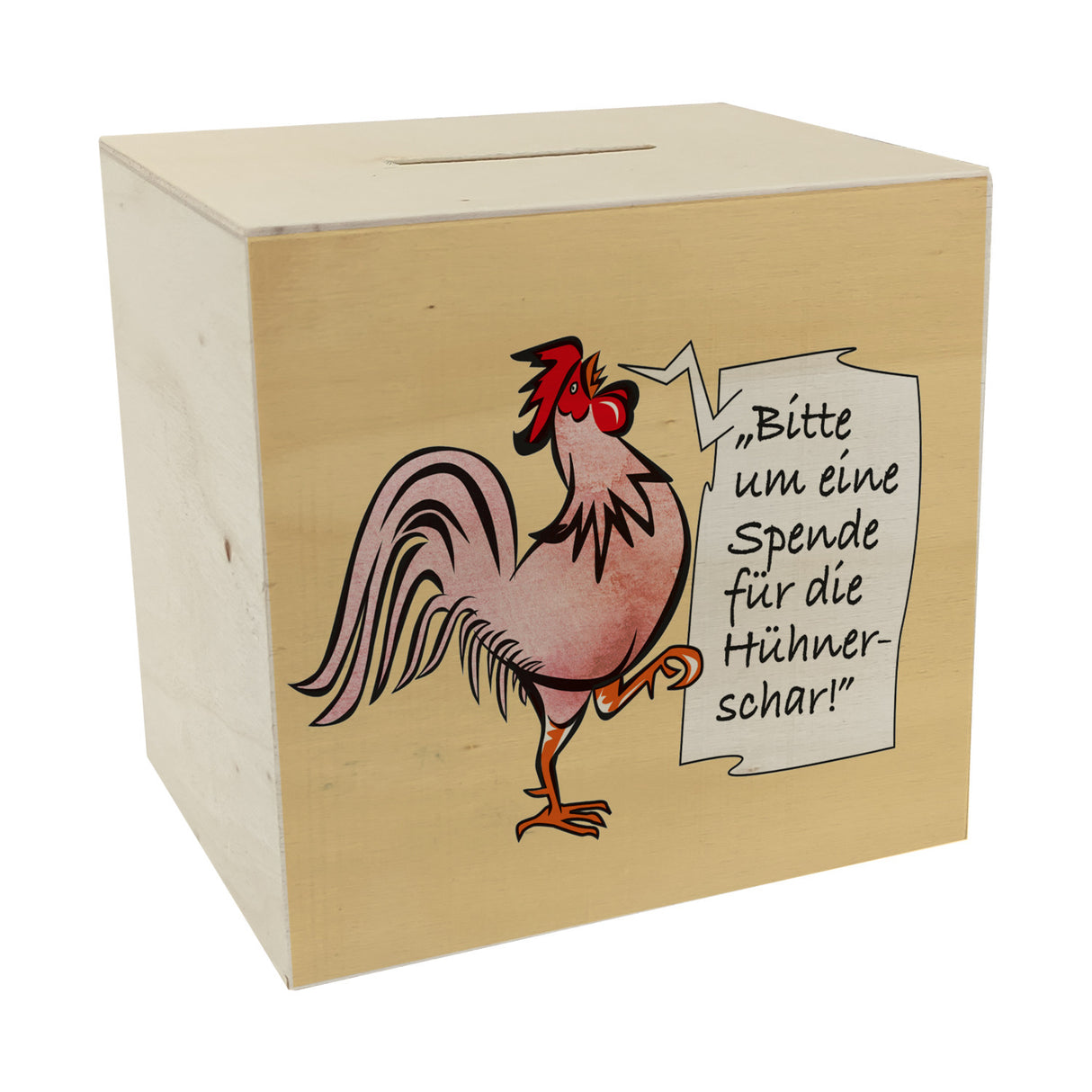Spardose mit Hahn Motiv zum Thema Trinkgeld und lustigem Spruch
