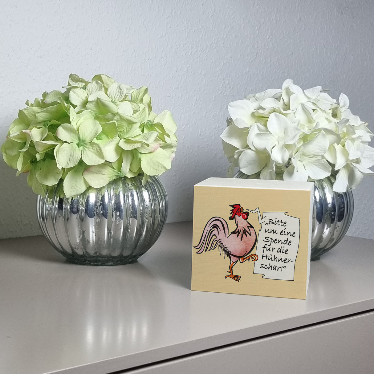 Spardose mit Hahn Motiv zum Thema Trinkgeld und lustigem Spruch