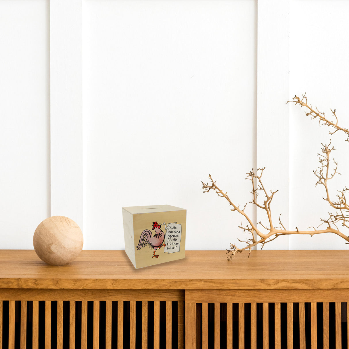 Spardose mit Hahn Motiv zum Thema Trinkgeld und lustigem Spruch