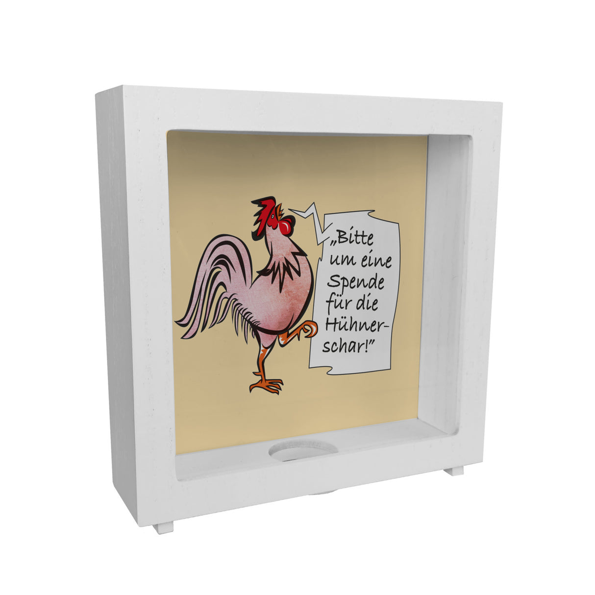 Spardose mit Hahn Motiv zum Thema Trinkgeld und lustigem Spruch