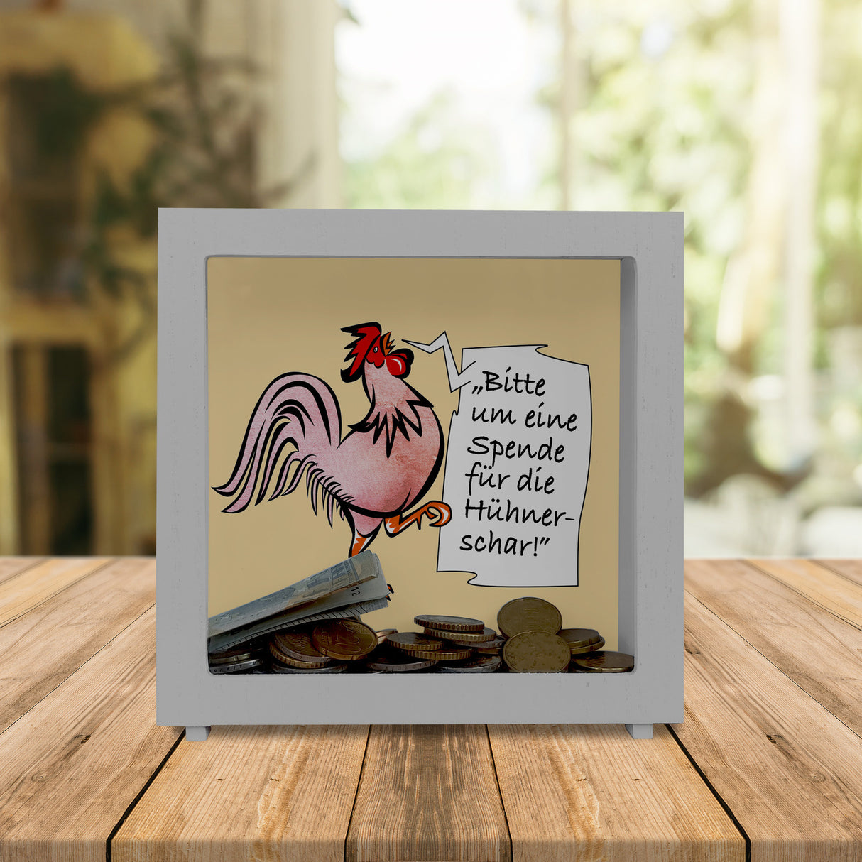 Spardose mit Hahn Motiv zum Thema Trinkgeld und lustigem Spruch