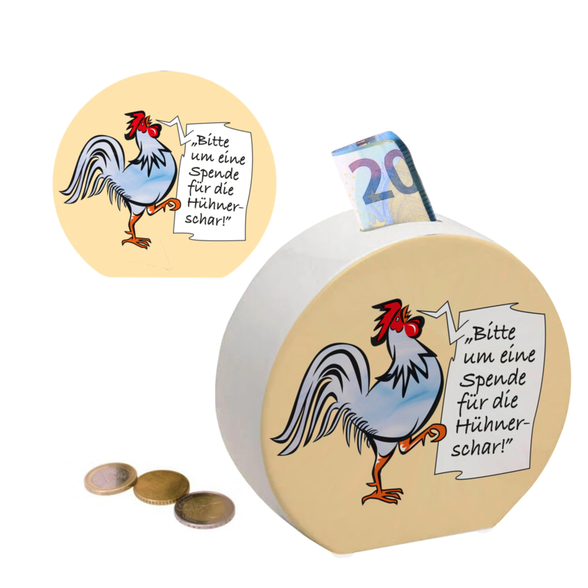 Spardose mit Hahn Motiv zum Thema Trinkgeld und lustigem Spruch