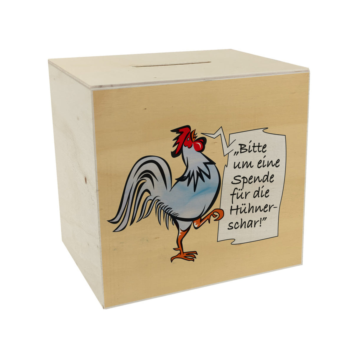 Spardose mit Hahn Motiv zum Thema Trinkgeld und lustigem Spruch