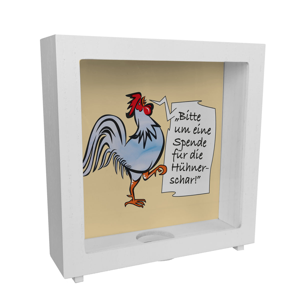 Spardose mit Hahn Motiv zum Thema Trinkgeld und lustigem Spruch