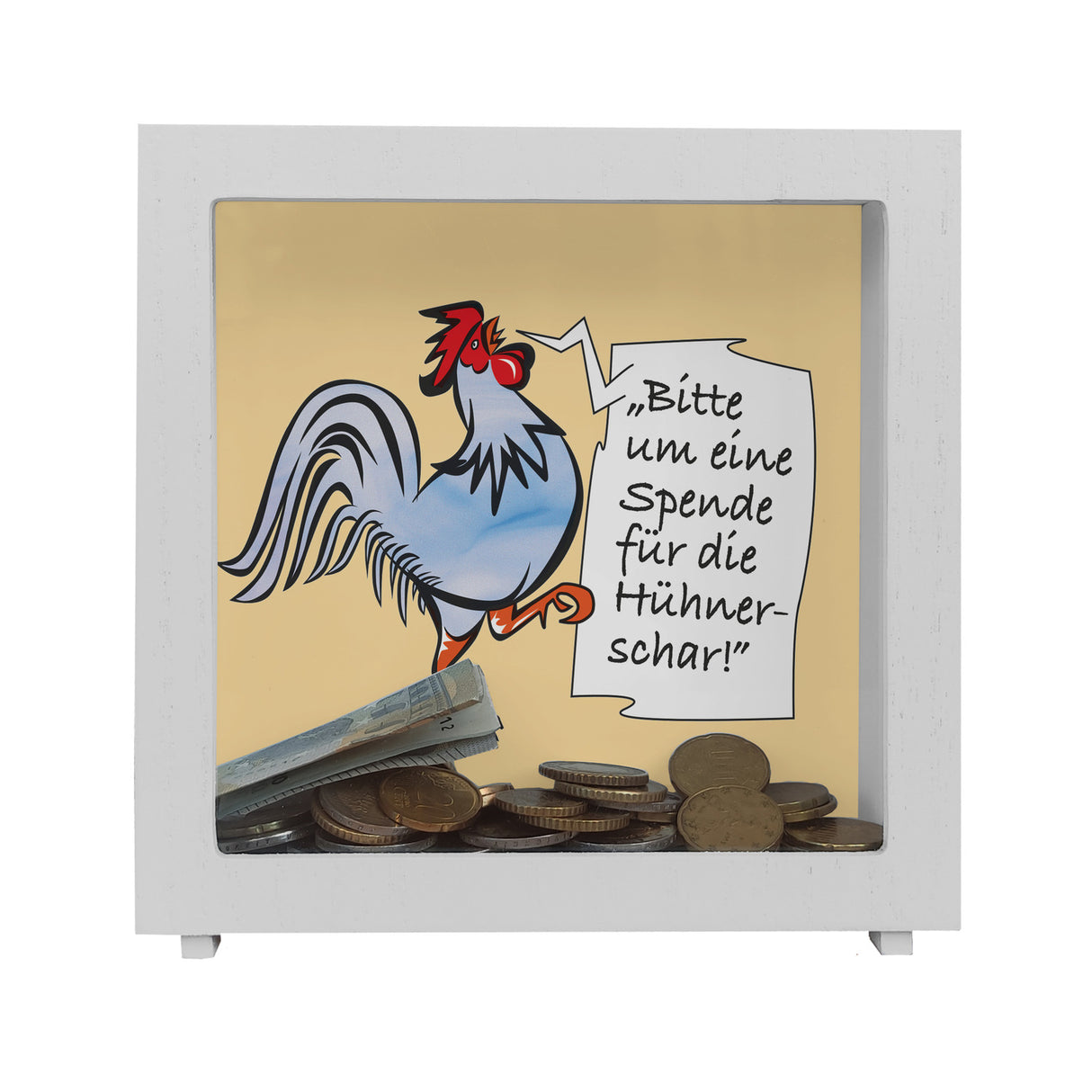 Spardose mit Hahn Motiv zum Thema Trinkgeld und lustigem Spruch