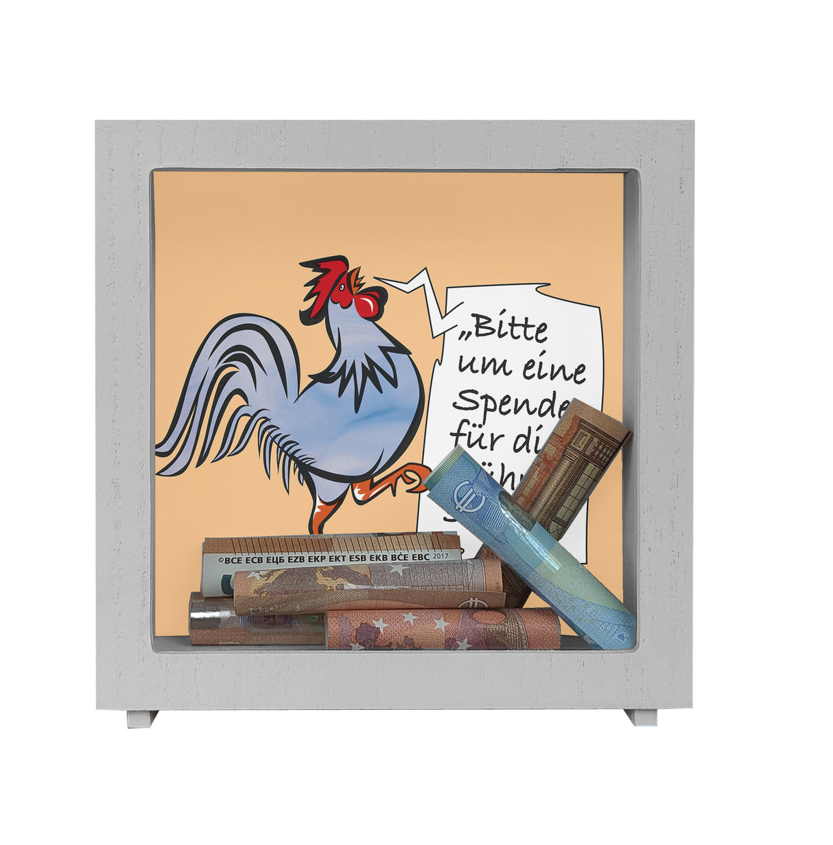 Spardose mit Hahn Motiv zum Thema Trinkgeld und lustigem Spruch