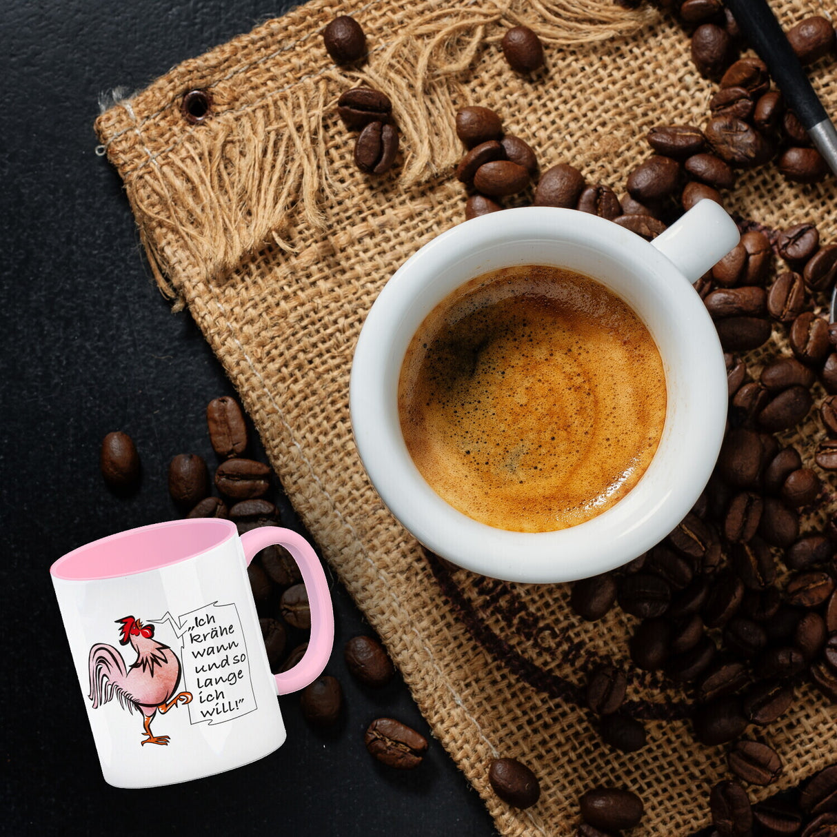 Kaffeebecher mit Hahn Motiv und Spruch: Ich krähe so lange ich will!