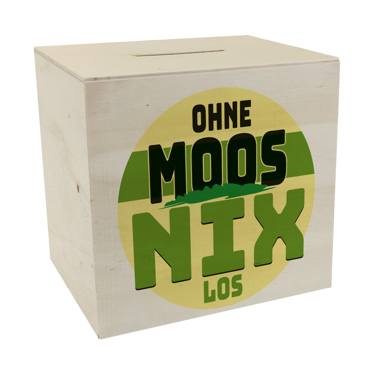 Spardose mit lustigem Motiv und Spruch: Ohne Moos nix los