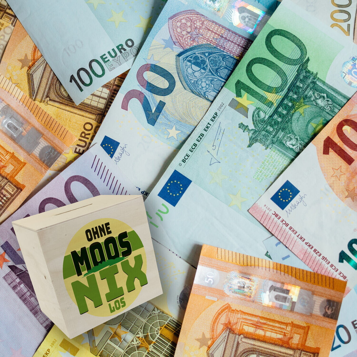Spardose mit lustigem Motiv und Spruch: Ohne Moos nix los