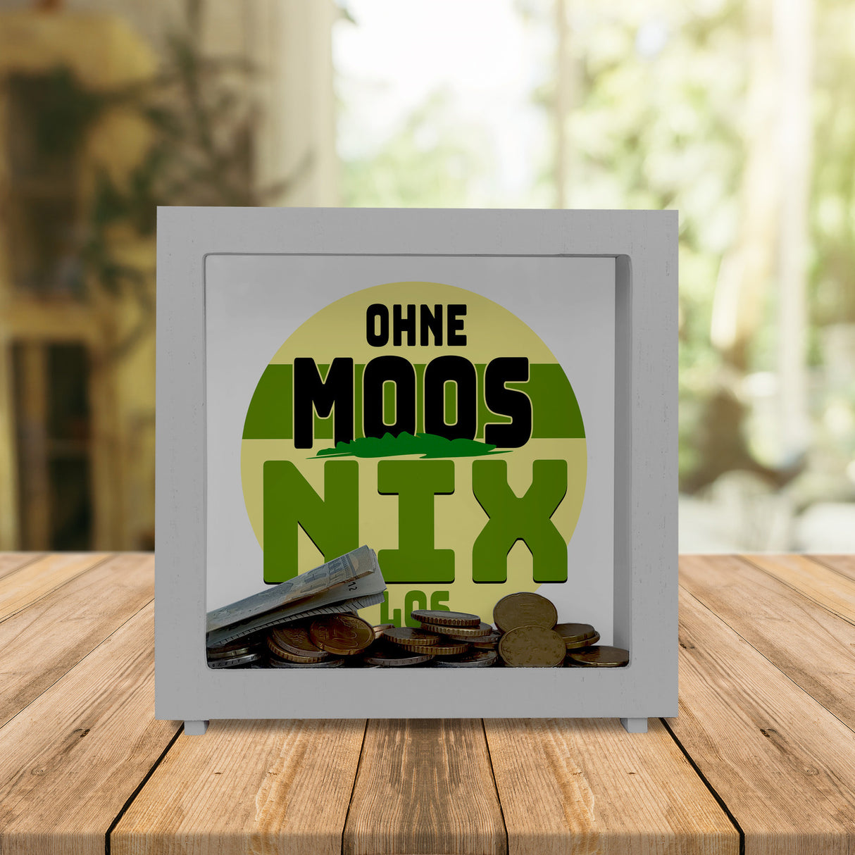 Spardose mit lustigem Motiv und Spruch: Ohne Moos nix los