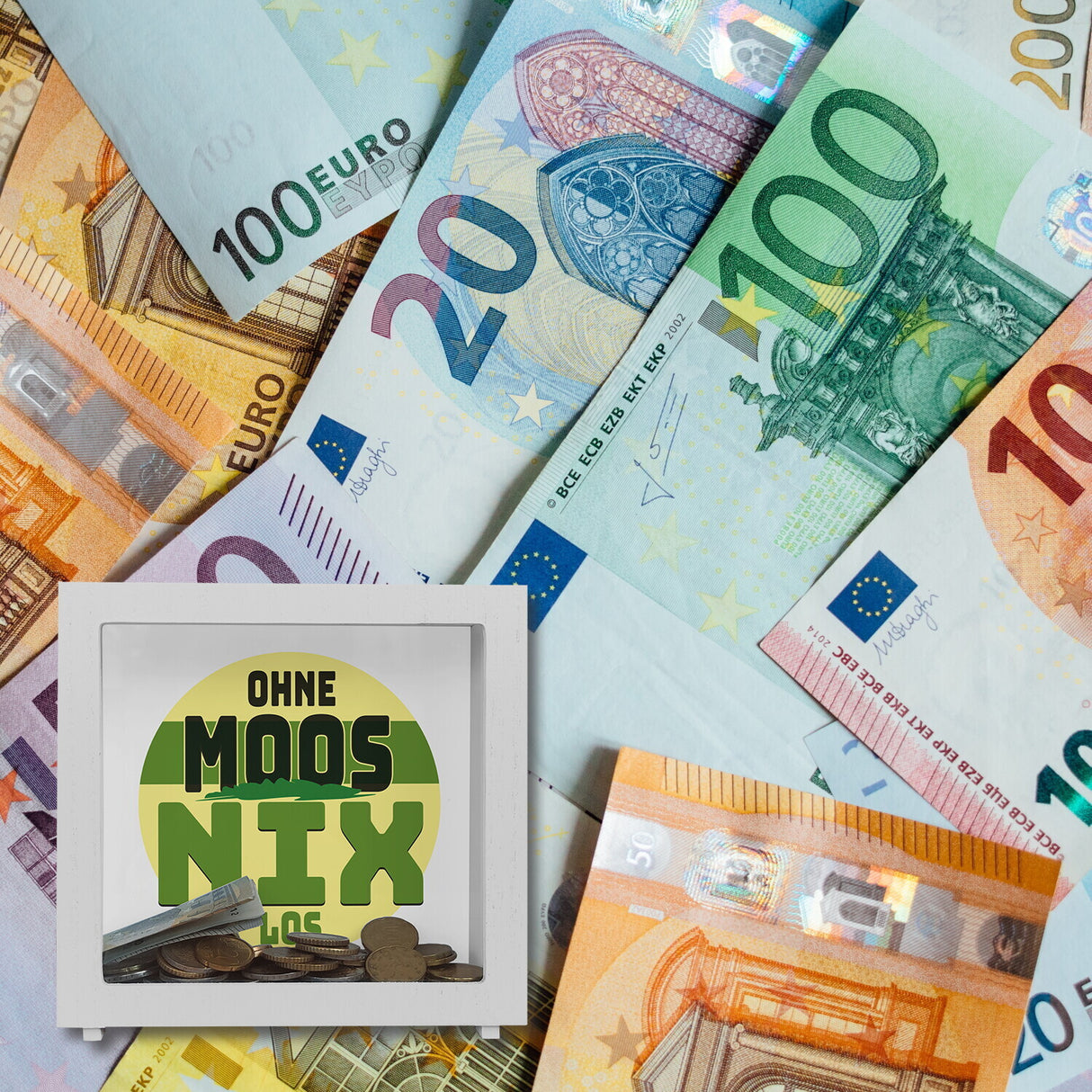 Spardose mit lustigem Motiv und Spruch: Ohne Moos nix los